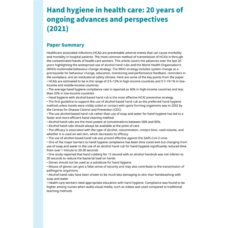 Hand hygiene in health care: 20 years of ongoing advances and perspectives (2021)