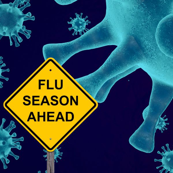 Navigating the Waves of Seasonal Flu with a background of some pathogens with a warning sign stating 'Flu season ahead'