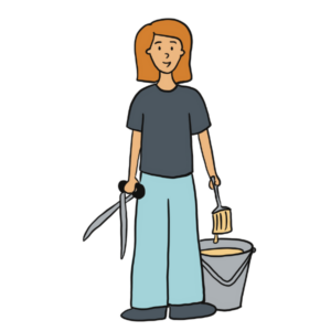 A graphic drawing of a girl holding a painting tub and brush, with shears in the other hand