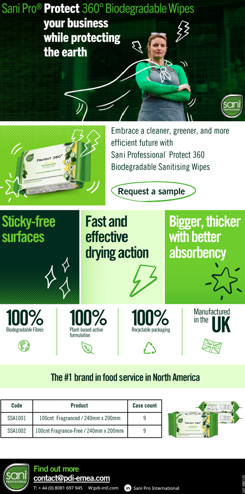 An information sheet for Sani Professional Protect 360 Biodegradable Sanitising Wipes, highlighting features like plant-based formulation, biodegradable fibres, recyclable packaging, superior absorbency, and sticky-free surfaces. Includes product codes and contact details for PDI International.